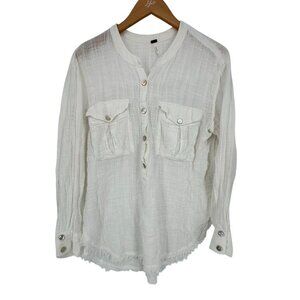 Free People Womens Talk to Me White Shirt Gauze Cotton Frayed Hem‎ Button Size M